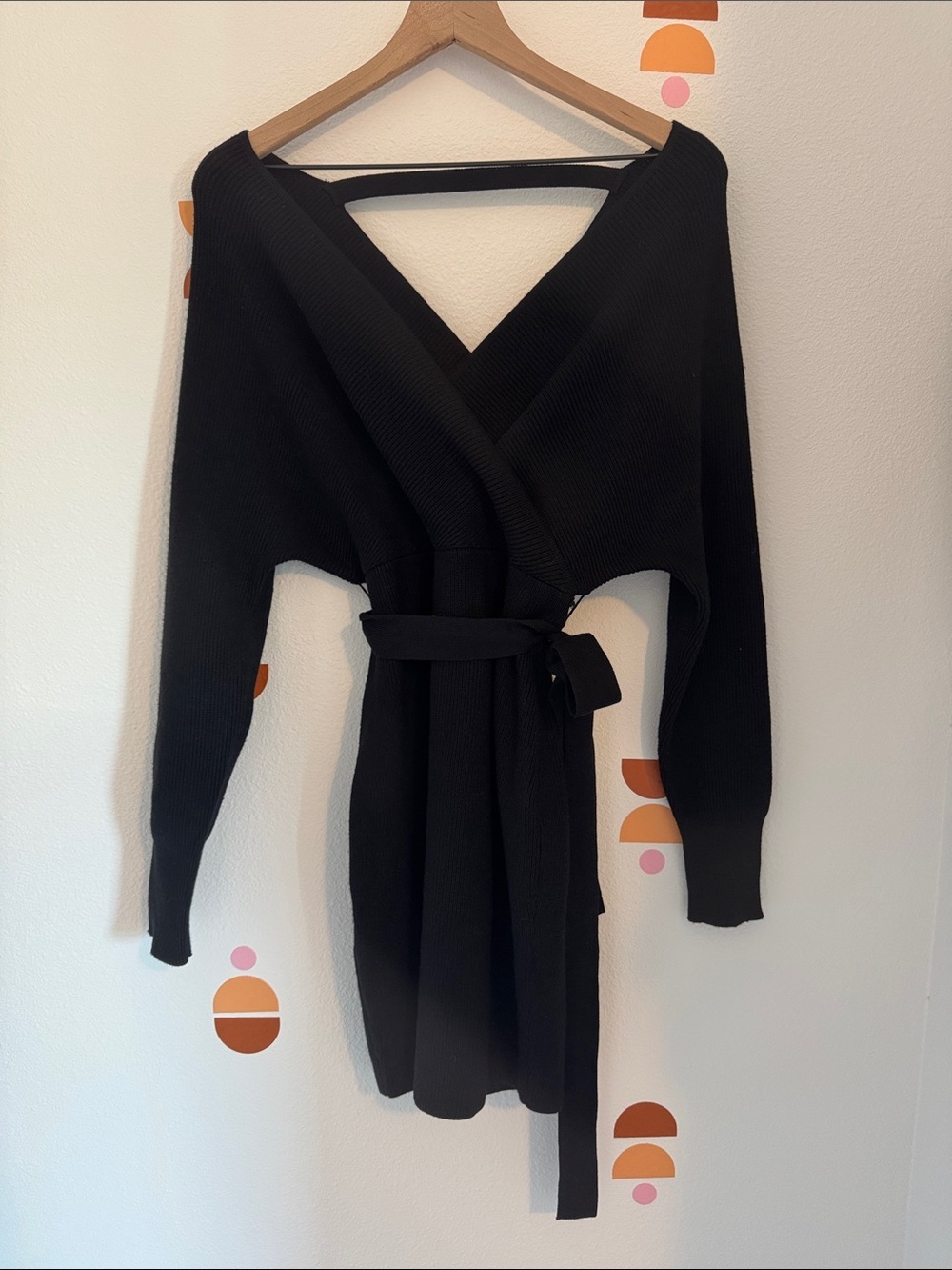 Black Long Sleeve Wrap Dress with Waist Tie N0058